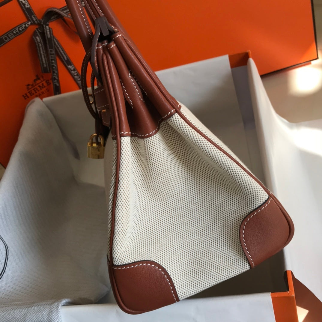 GLAMI Birkin Bag Toile and Brown Barenia with Gold Hardware For Women, Handbags, Shoulder Bags 30cm/12in