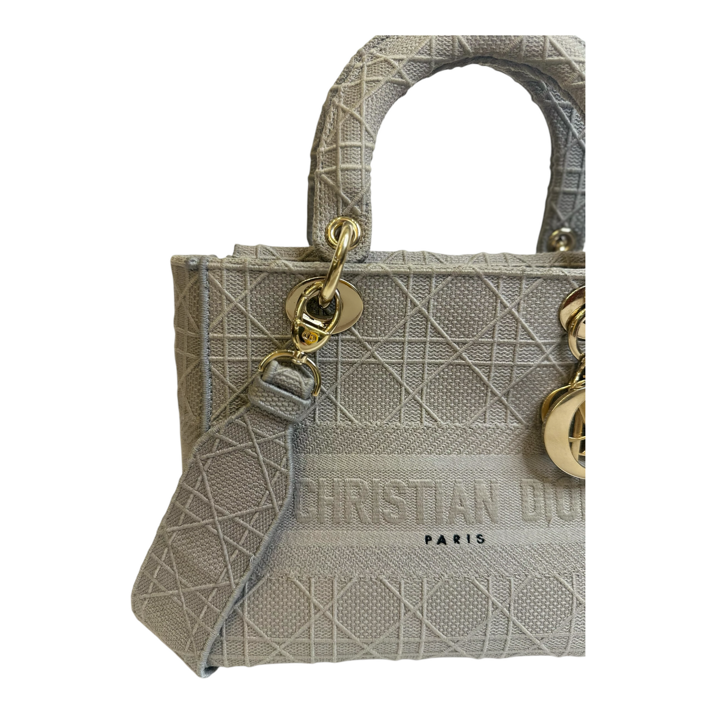 Christian Dior Canvas Embroidered Cannage Medium Lady D-Lite Gray
