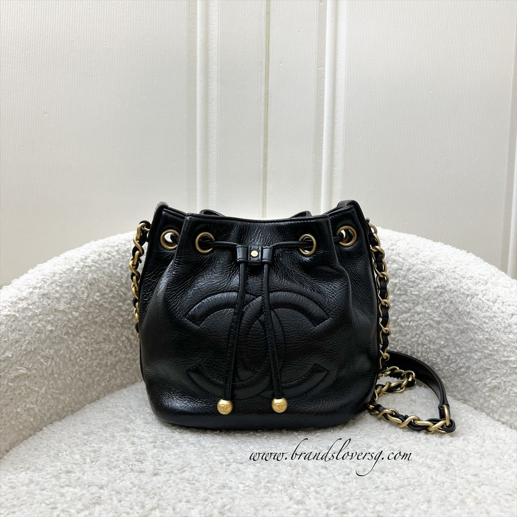GLM-Mini Drawstring Bucket Bag in Glossy Distressed Black Calfskin and AGHW