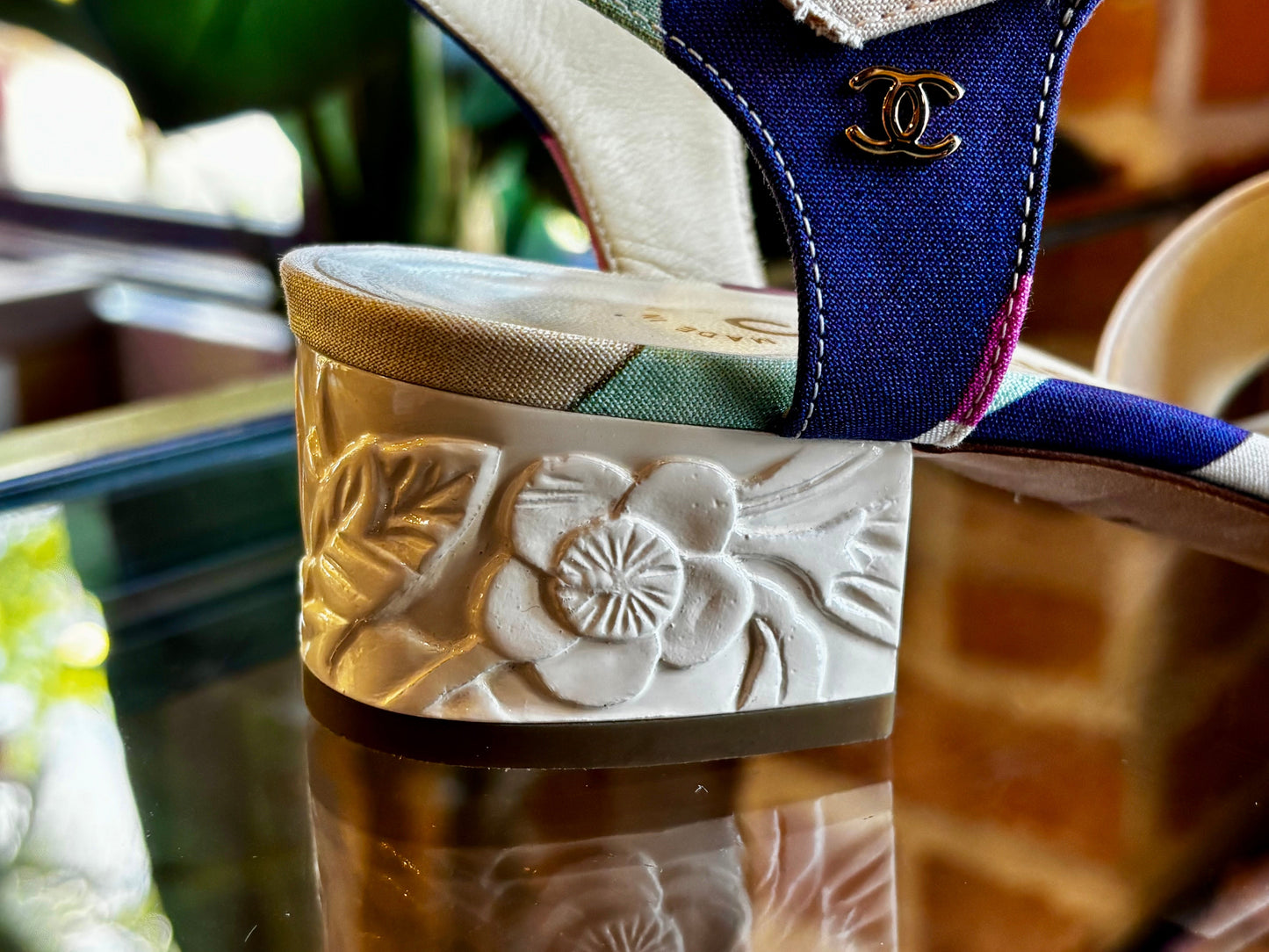 CHANEL Multicolor Fabric Camellia Sandals