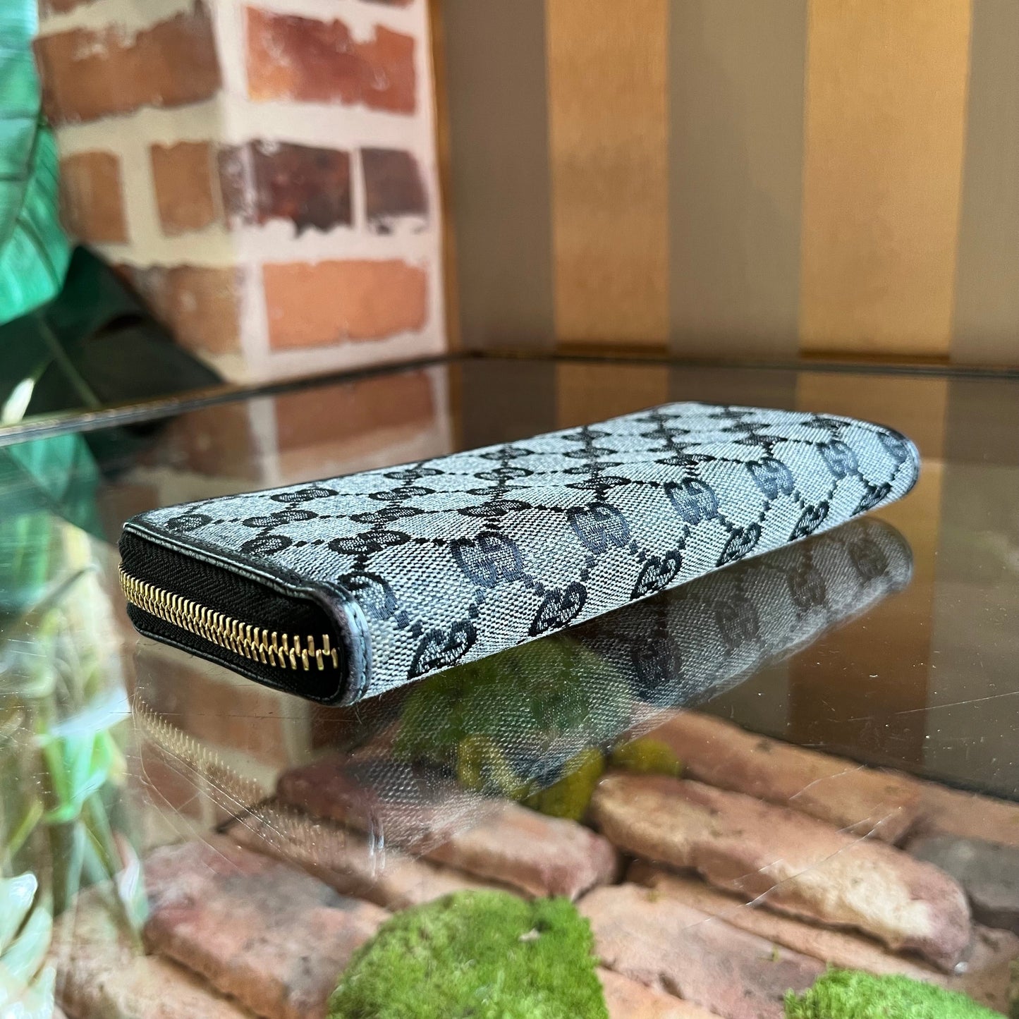 GUCCI GG Monogram Denim Zip Around Wallet