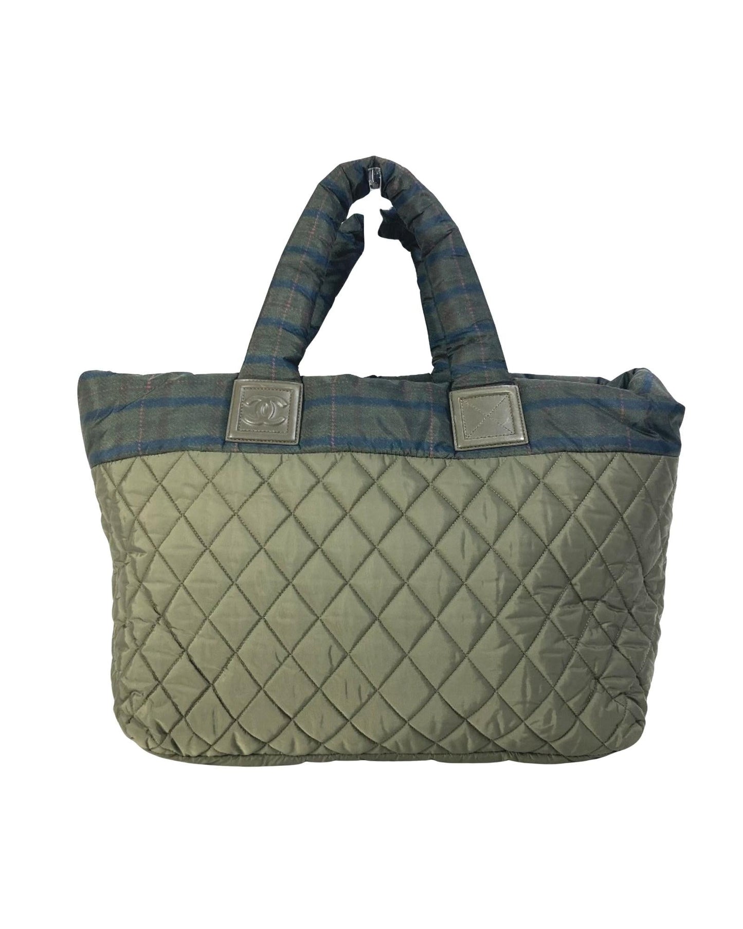 Chanel Quilted Tote Bag Plaid Trim Olive Green