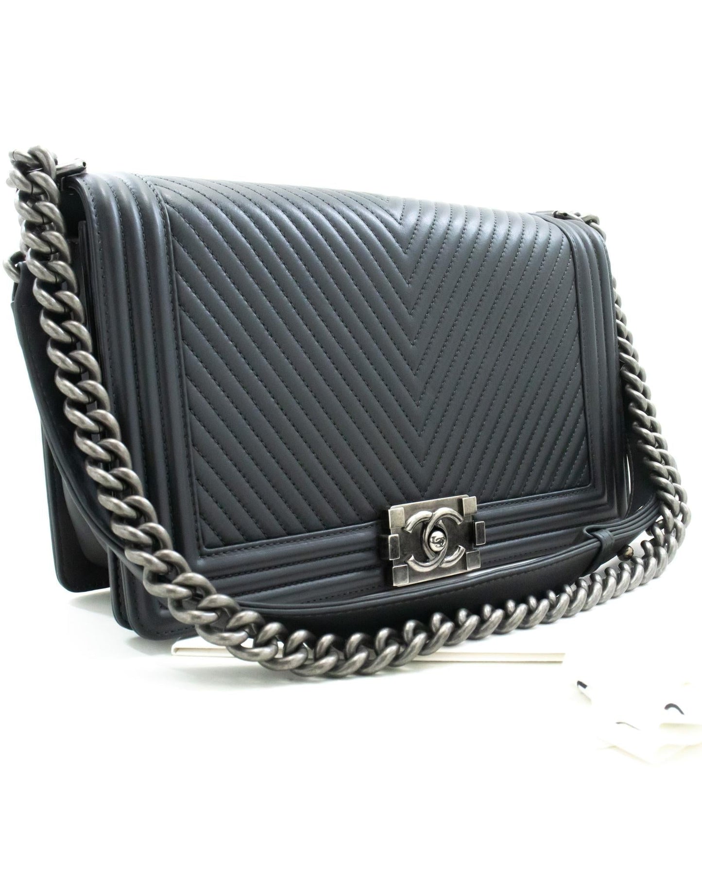 Chanel Grey Leather Designer Bag with Box and Dust Bag
