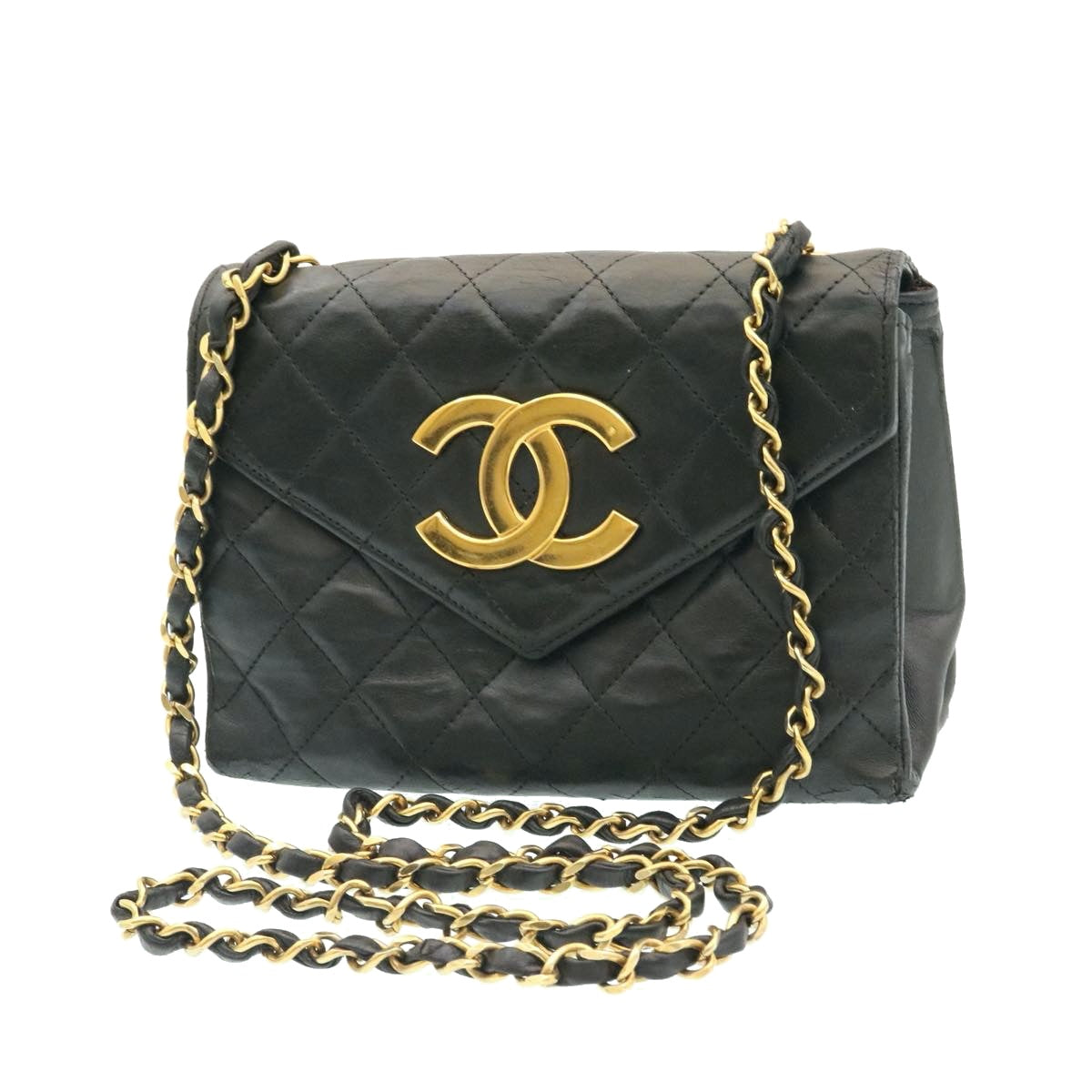 CHANEL Lamb Skin Matelasse Chain Shoulder Bag Black CC 25810A