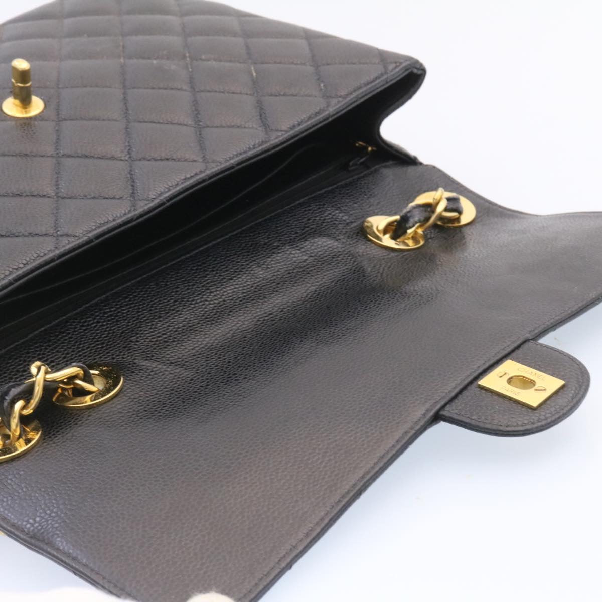 CHANEL Big Matelasse Flap Chain Shoulder Bag Caviar Skin Black Gold 25984A