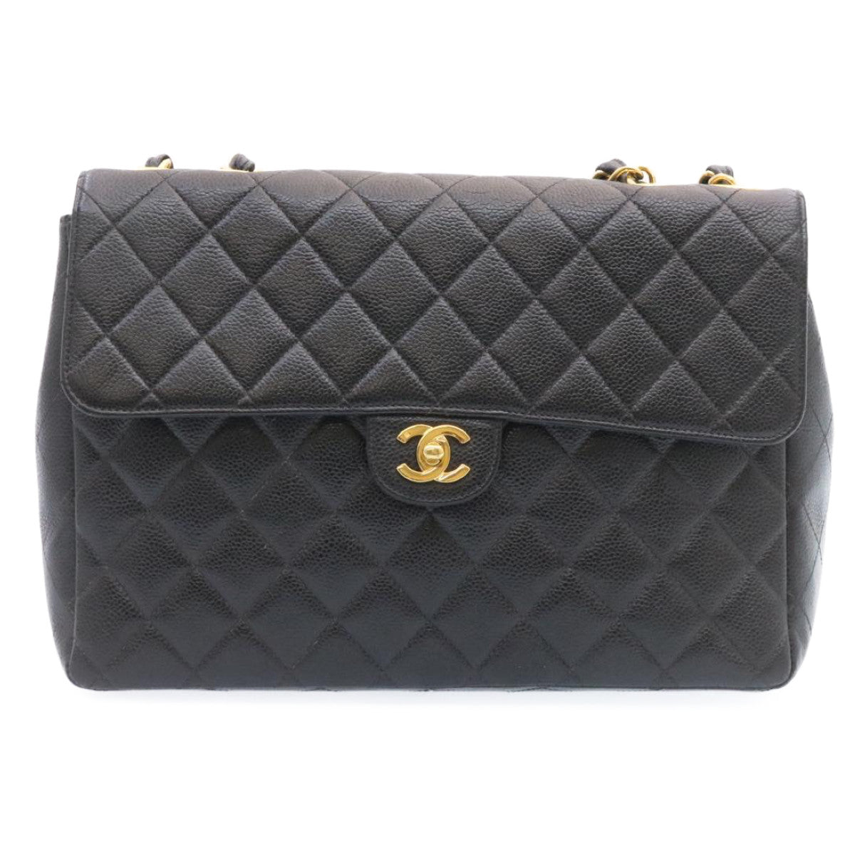 CHANEL Big Matelasse Flap Chain Shoulder Bag Caviar Skin Black Gold 25984A