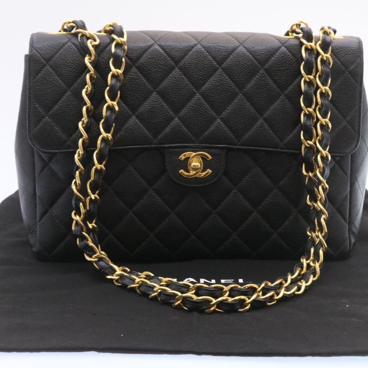 CHANEL Big Matelasse Flap Chain Shoulder Bag Caviar Skin Black Gold 25984A