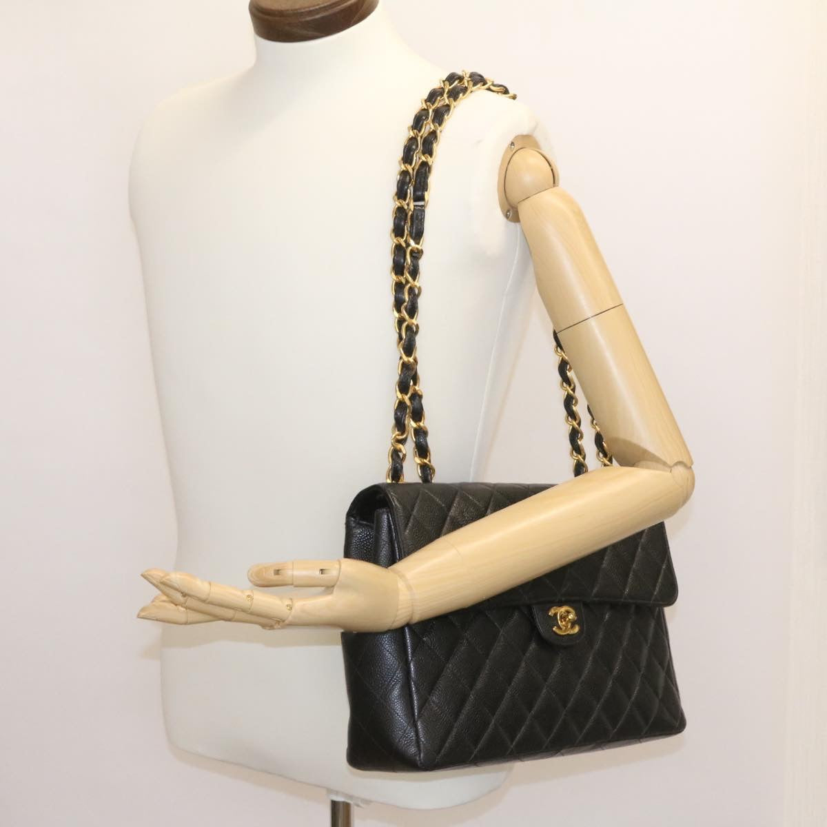 CHANEL Big Matelasse Flap Chain Shoulder Bag Caviar Skin Black Gold 25984A