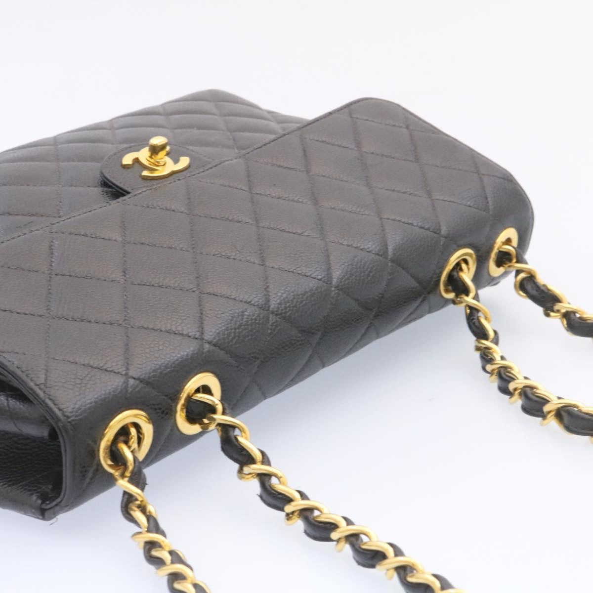 CHANEL Big Matelasse Flap Chain Shoulder Bag Caviar Skin Black Gold 25984A