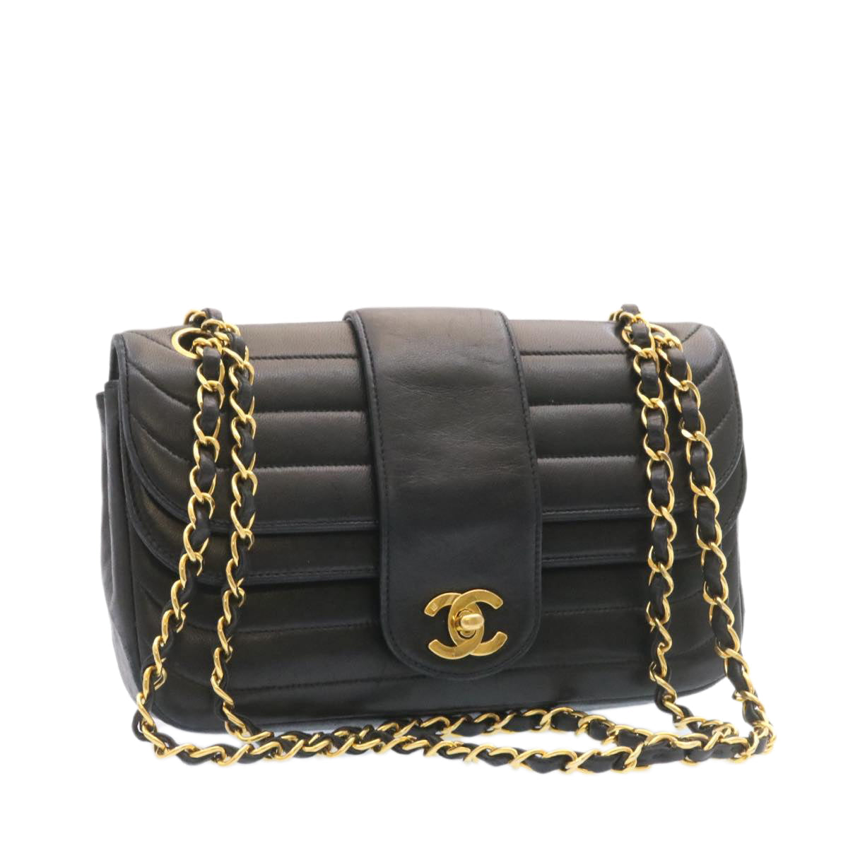 CHANEL Lamb Skin Double Flap Chain Shoulder Bag Black CC 26207A