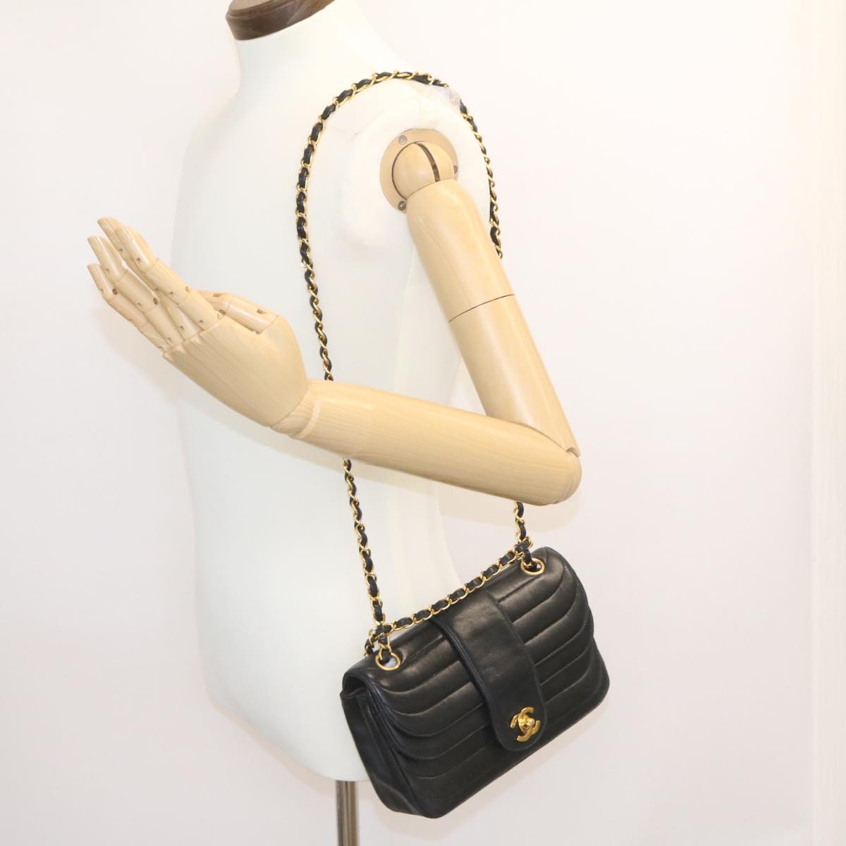 CHANEL Lamb Skin Double Flap Chain Shoulder Bag Black CC 26207A