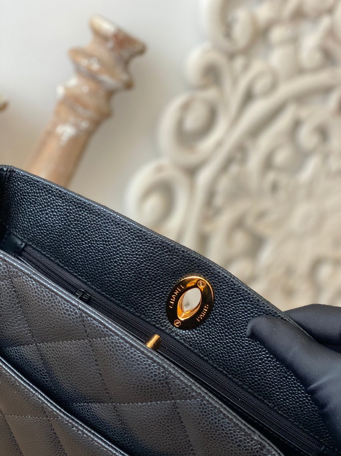 CHLVintage Black Large Quilted Caviar Tote Bag For Women 28cm/11in