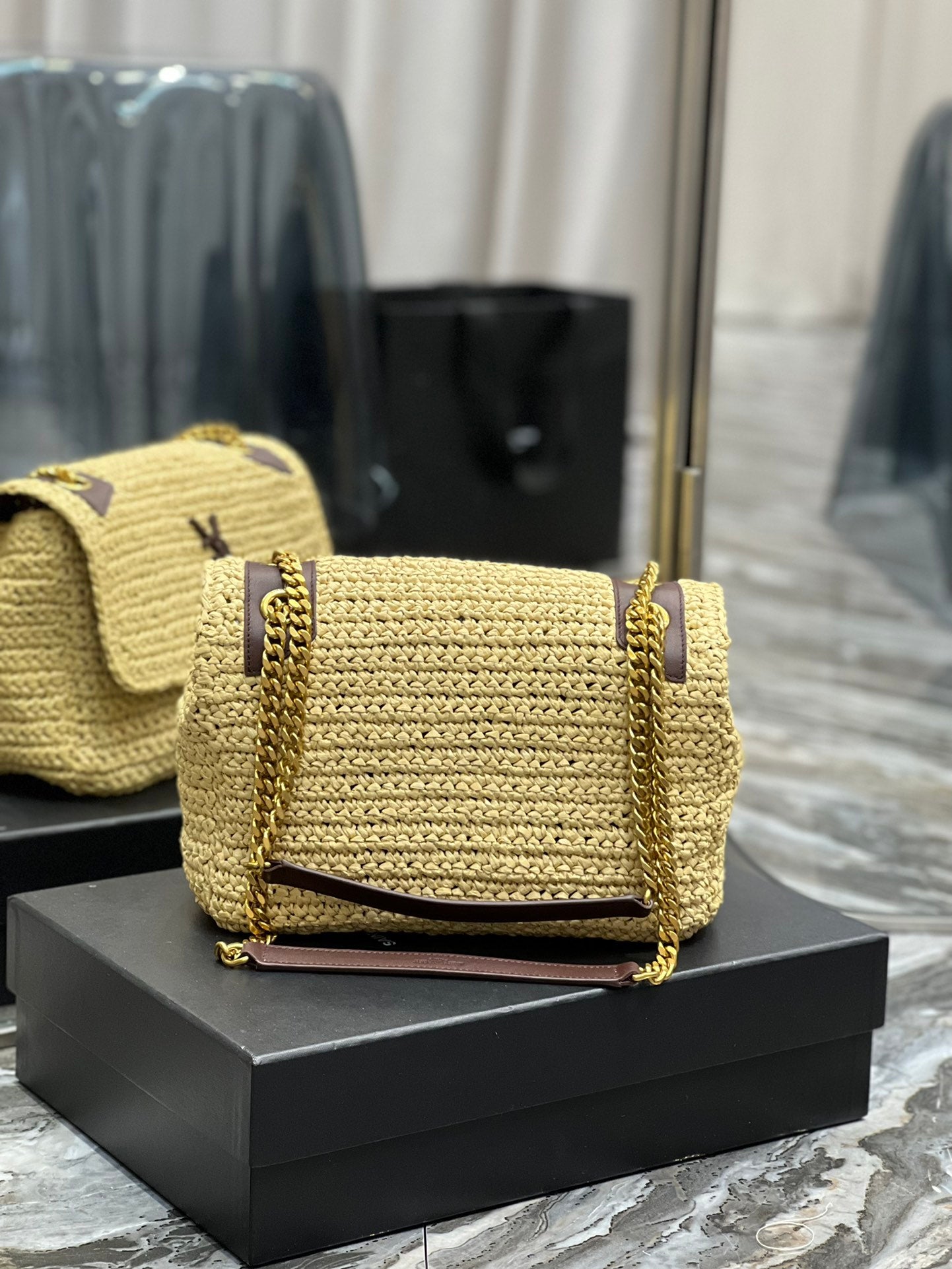 GLAMI Niki MeGLAMIum Chain Bag In Rafia For Women 11in/28cm Brown YSL 633187Gucci66W7069