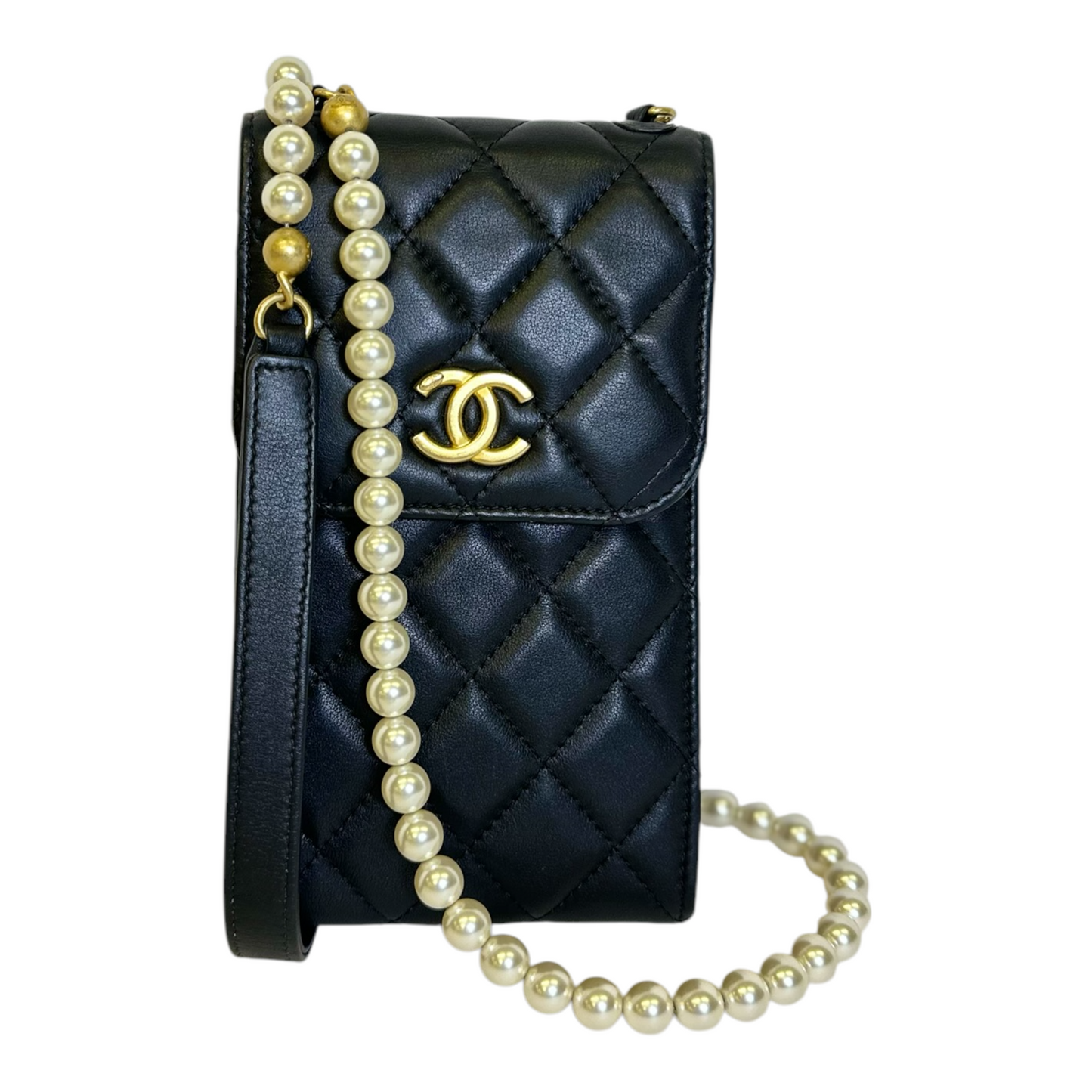 Chanel Lambskin Quilted Pearl Phone Holder With Chain Black