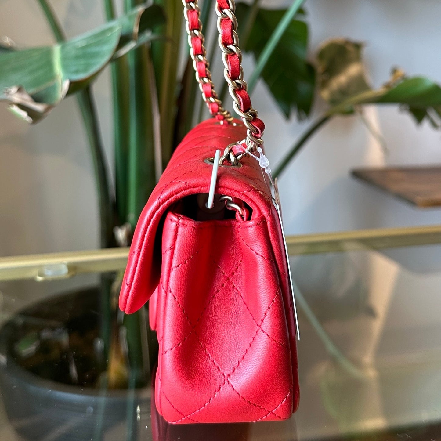 CHANEL Red Lambskin Mini Rectangle Shoulder Bag