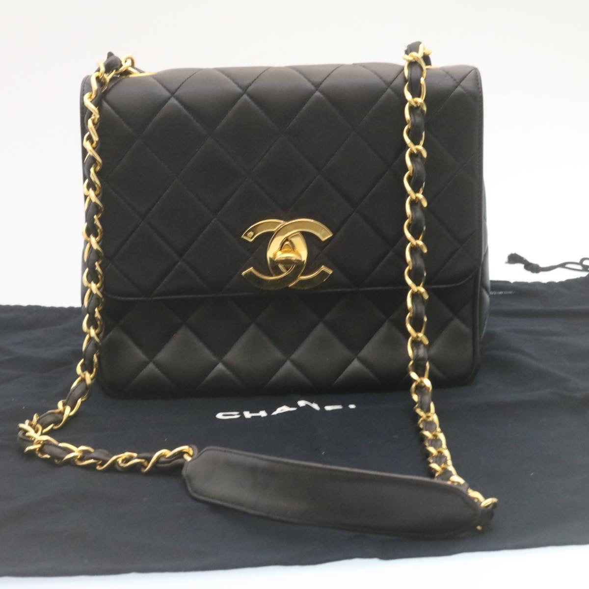 CHANEL Matelasse Chain Flap Shoulder Bag Lamb Skin Black Gold CC 28632A