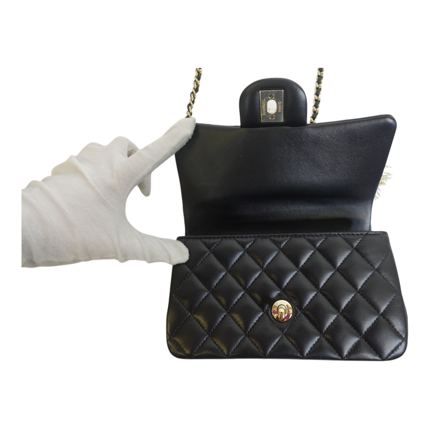 GLM-Lambskin Pearl Crystal Mini GLM- Lion Charm Top Handle Rectangular Flap