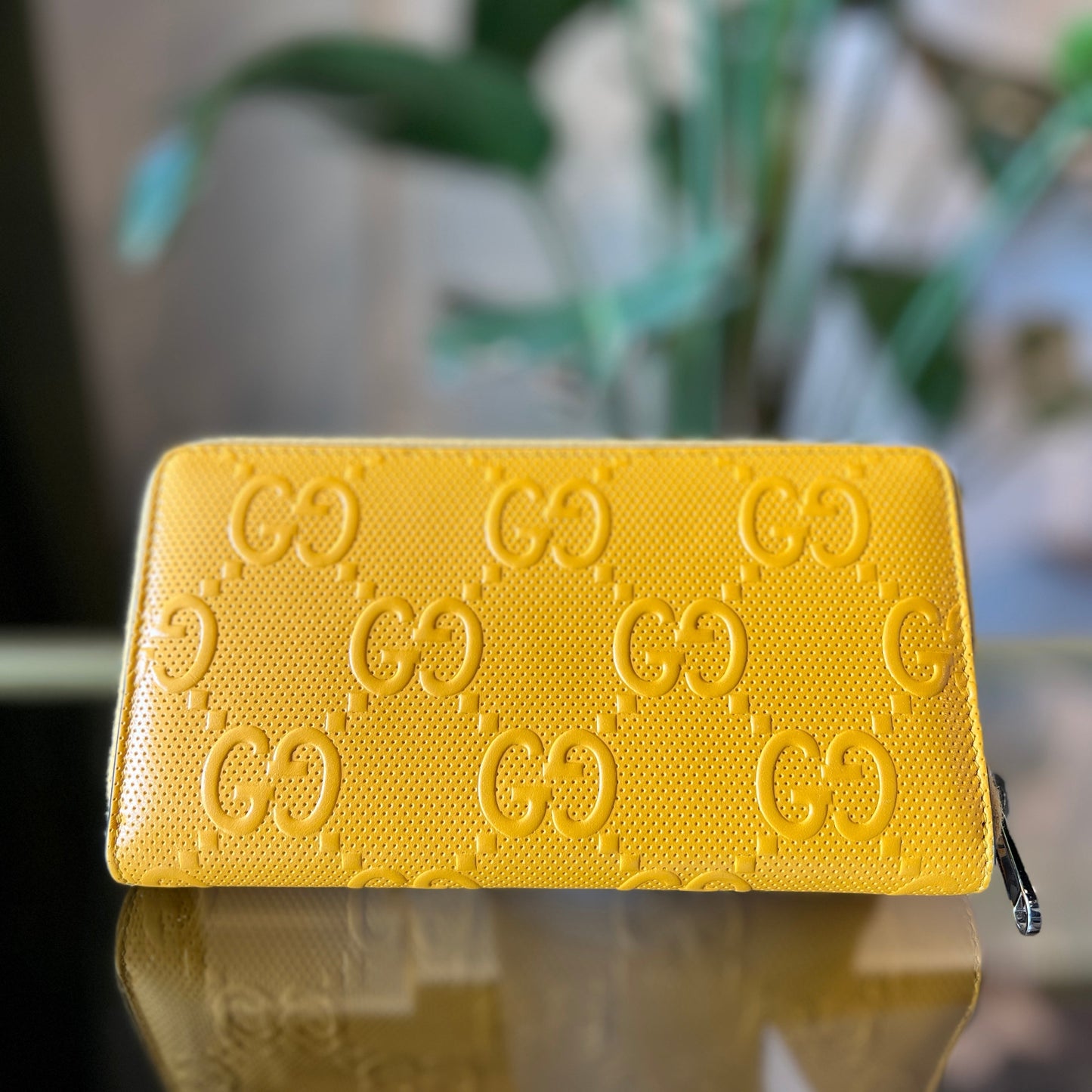 GUCCI GG Yellow Embossed Leather Zip Around Wallet