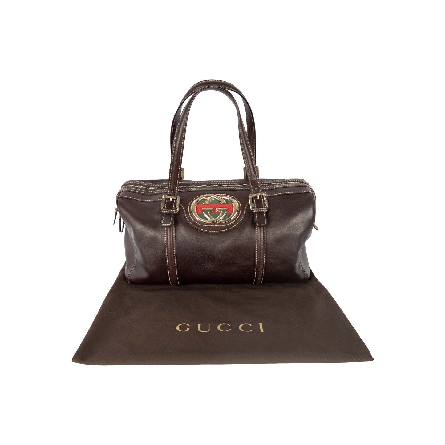 GLM-- Dark Brown Leather GG Britt Boston Bag - '10s