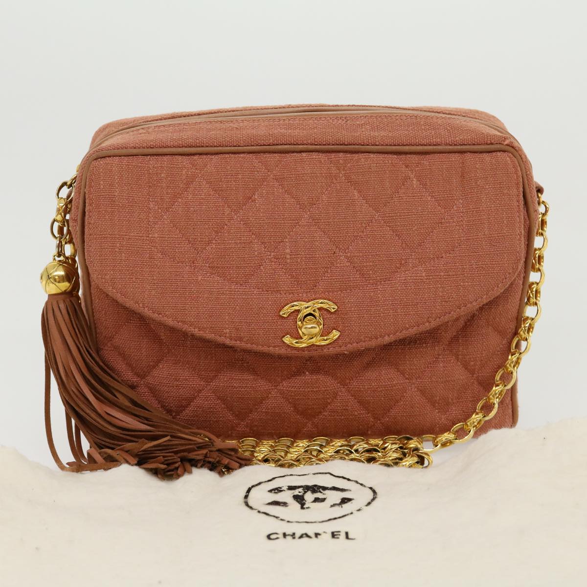 CHANEL Diana Turn Lock Chain Shoulder Bag Linen Fringe Pink CC 30153A