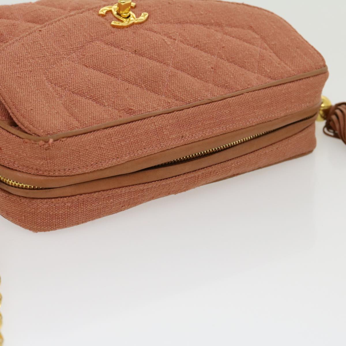 CHANEL Diana Turn Lock Chain Shoulder Bag Linen Fringe Pink CC 30153A