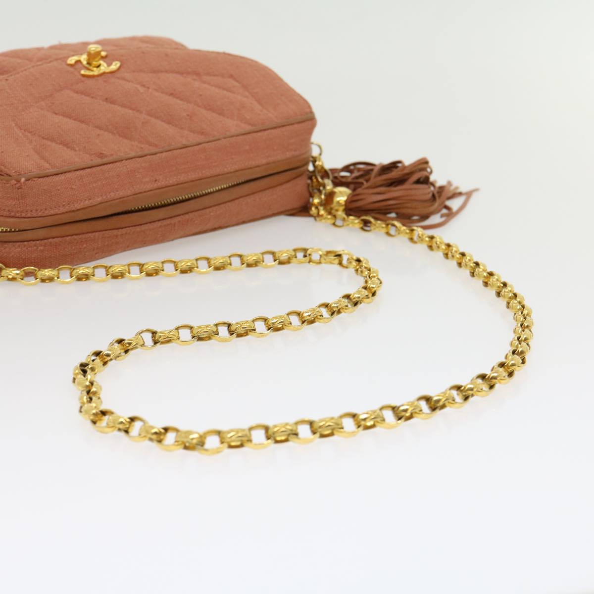 CHANEL Diana Turn Lock Chain Shoulder Bag Linen Fringe Pink CC 30153A