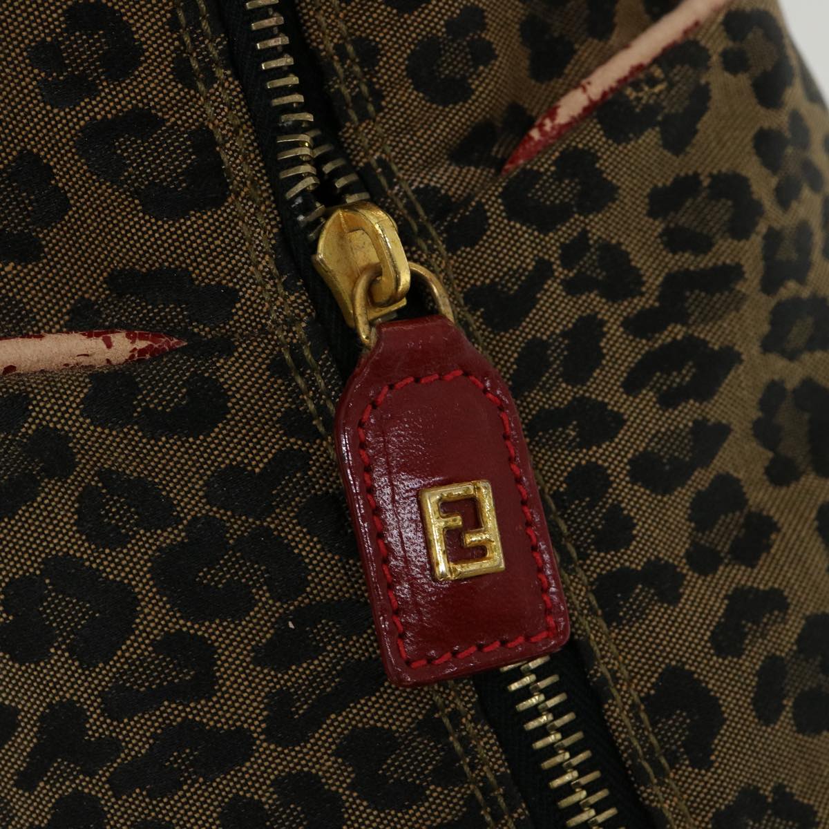 FENDI Zucca Canvas Leopard Flower Tote Bag Hand Bag 2Set Brown Red 30898
