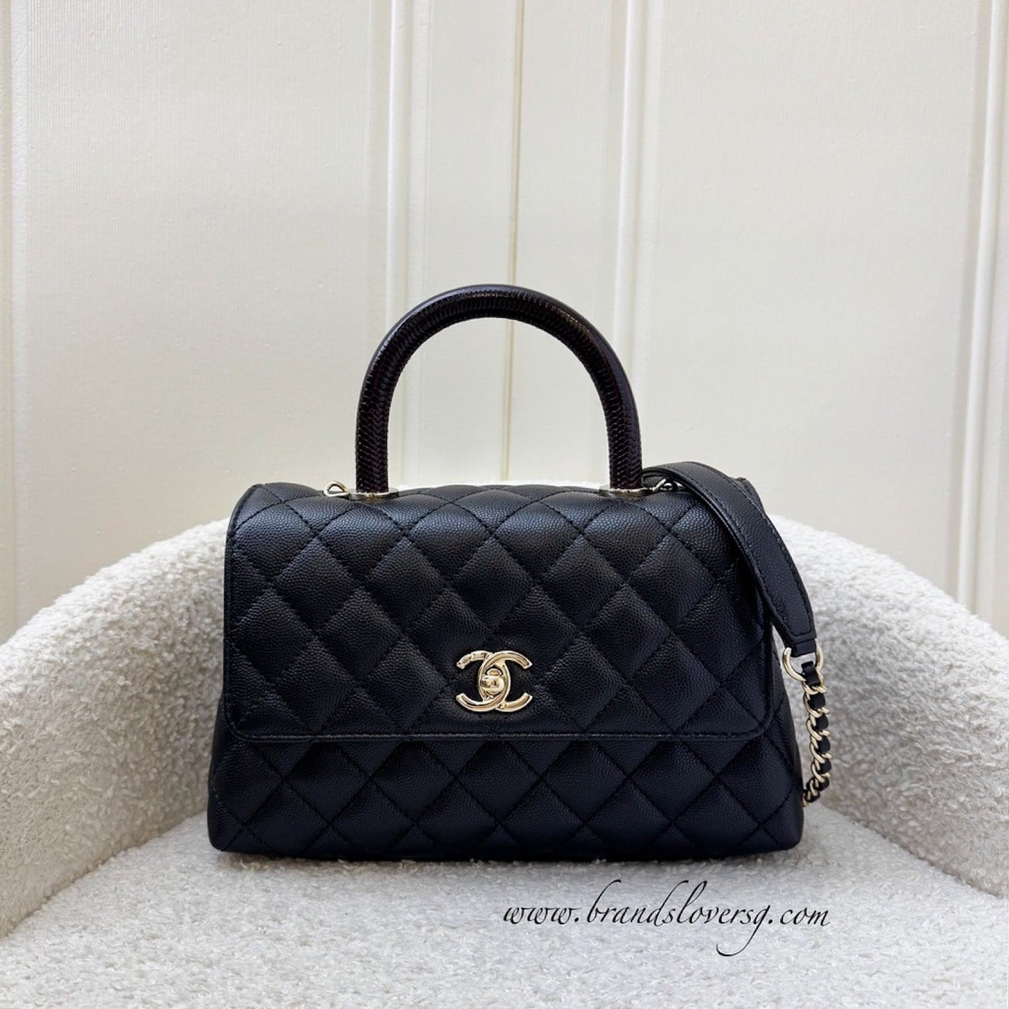 GLM-Small (24cm) Coco handle in Black Caviar, Burgundy Lizard Embossed Calfskin Handle and LGHW (Model: A92990)