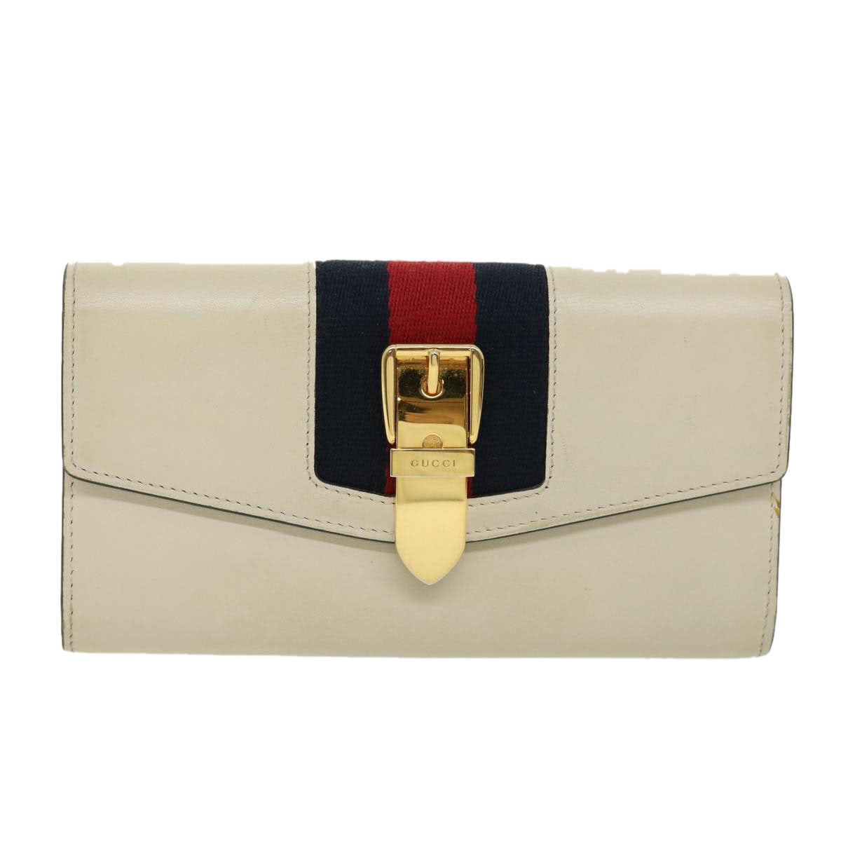 GUCCI Sylvie Continental Wallet Sherry Line Leather Beige Navy Red 31004A