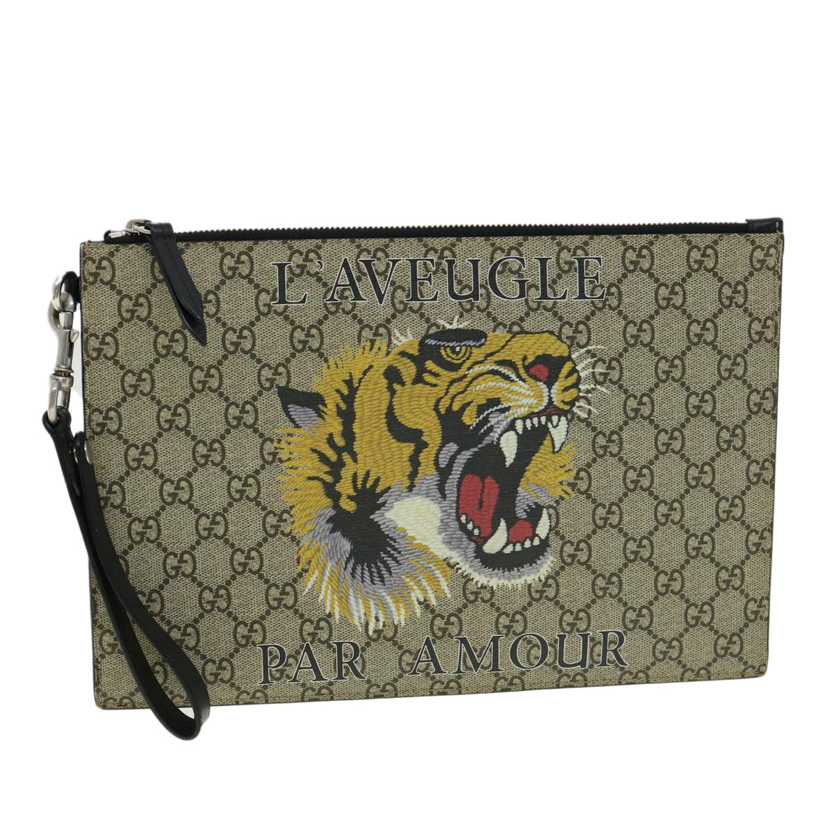 GUCCI GG Supreme Tiger Clutch Bag PVC Leather Gray 473904 31726