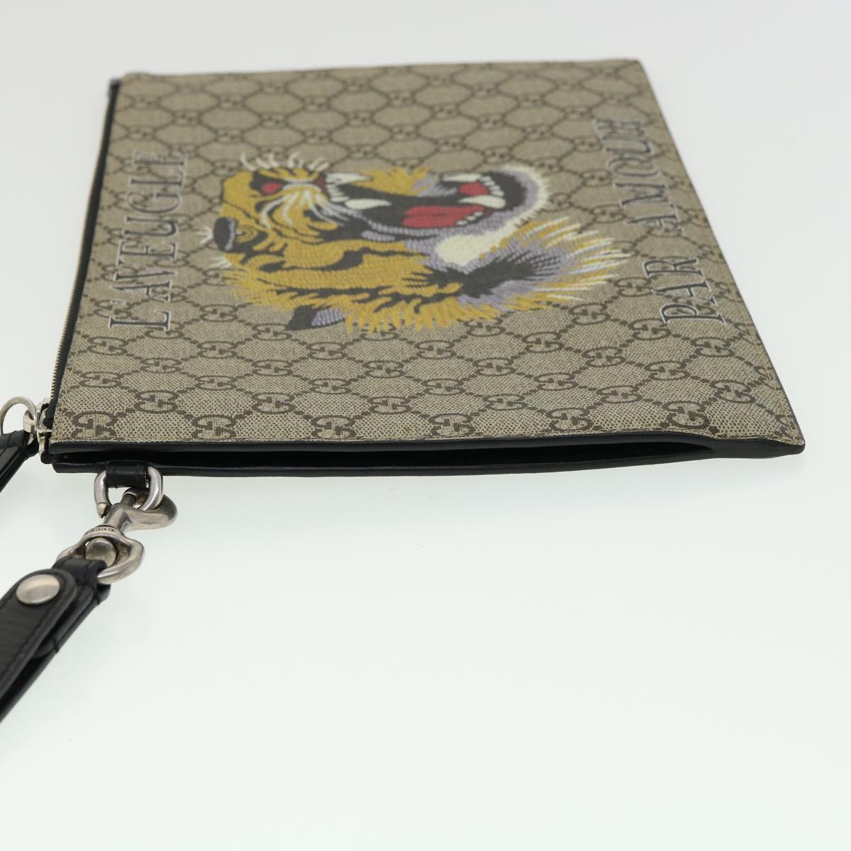 GUCCI GG Supreme Tiger Clutch Bag PVC Leather Gray 473904 31726