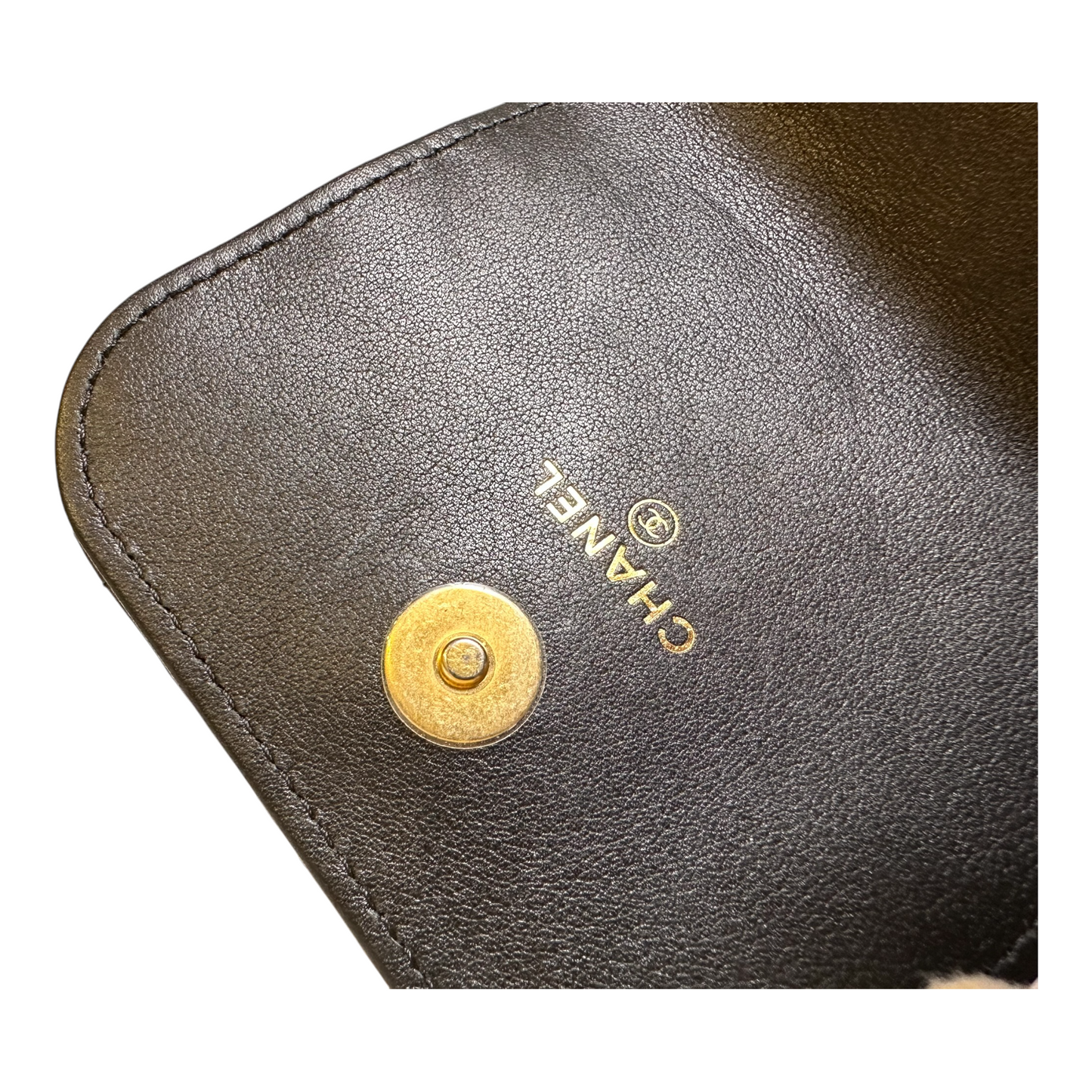 Chanel Lambskin Quilted Pearl Phone Holder With Chain Black