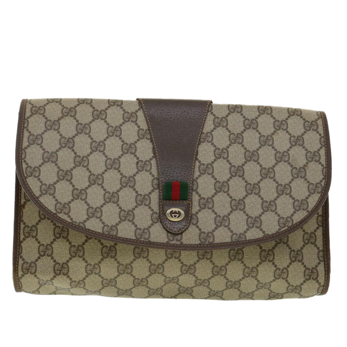GUCCI GG Canvas Web Sherry Line Clutch Bag Beige Red Green 15601031 32362