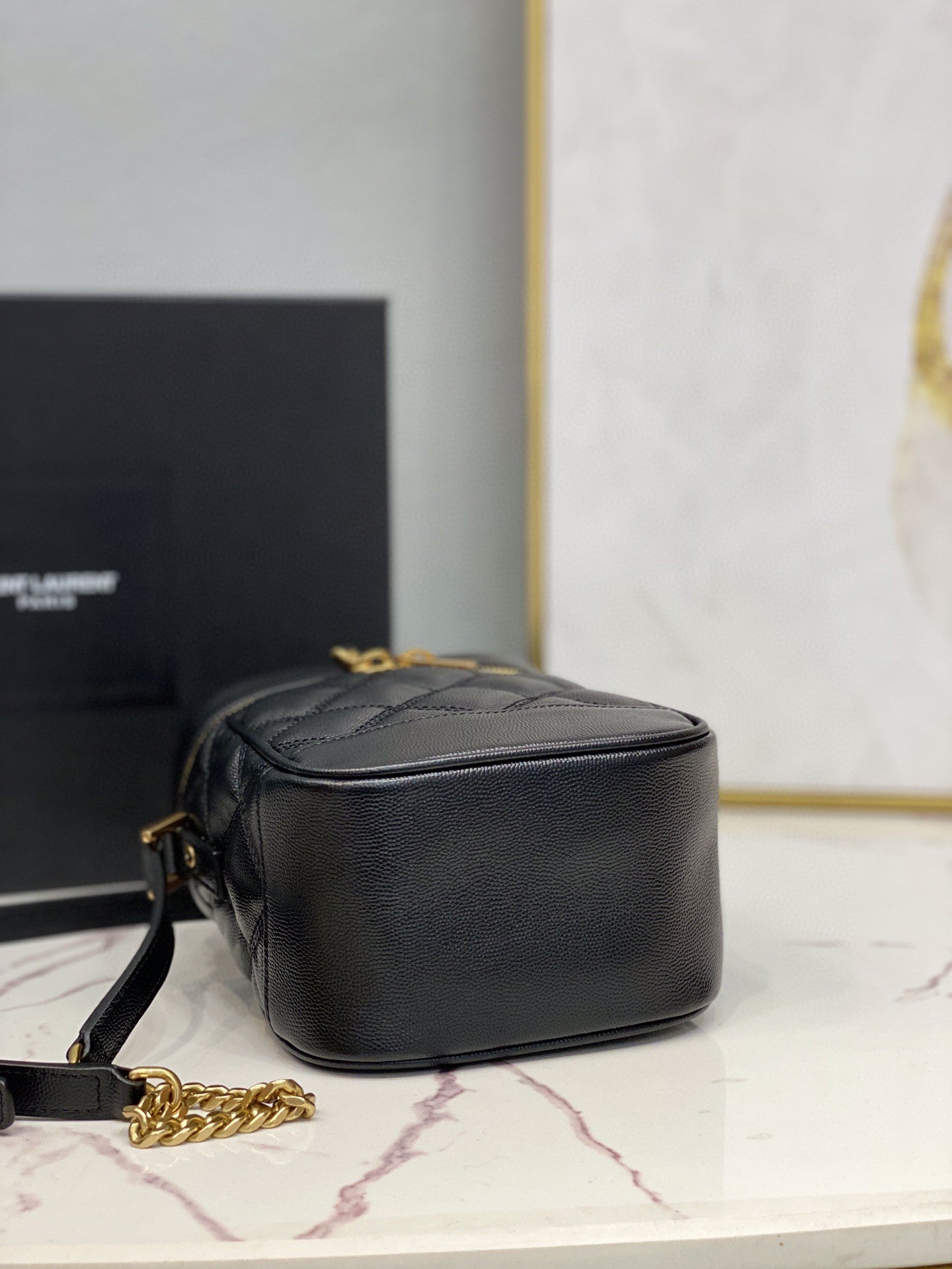 YSSL 80’s Vanity Bag In Carré-Quilted Grain De Poudre Black For Women 6.4in/16.5cm YSL 649779DME271000