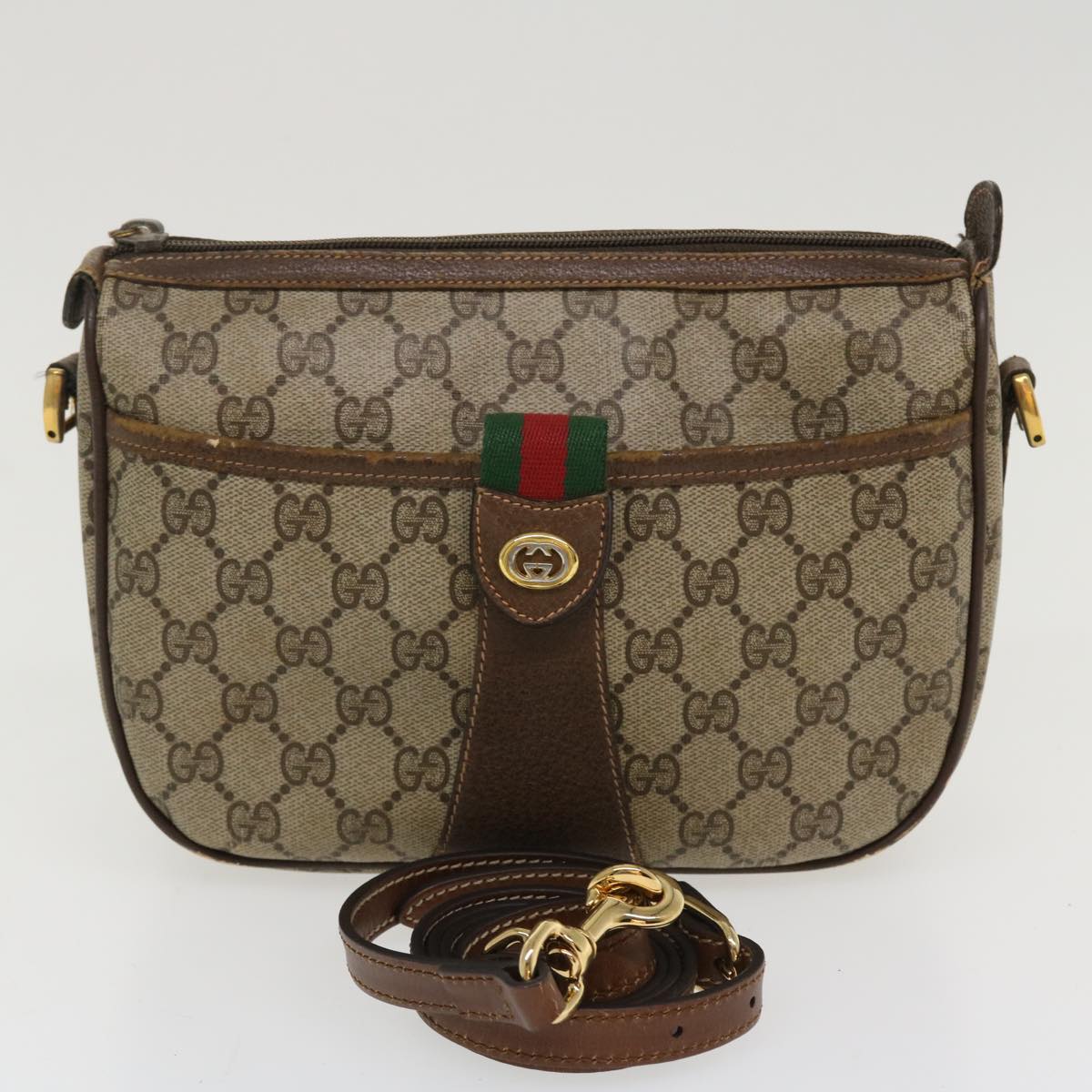 GUCCI Web Sherry Line Shoulder Bag PVC Leather Beige Green Red 36081