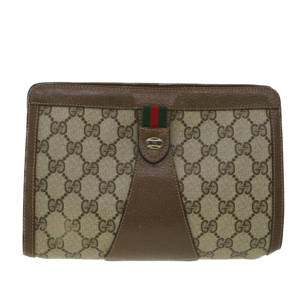 GUCCI Web Sherry Line GG Canvas Clutch Bag PVC Leather Beige Green 89 36430