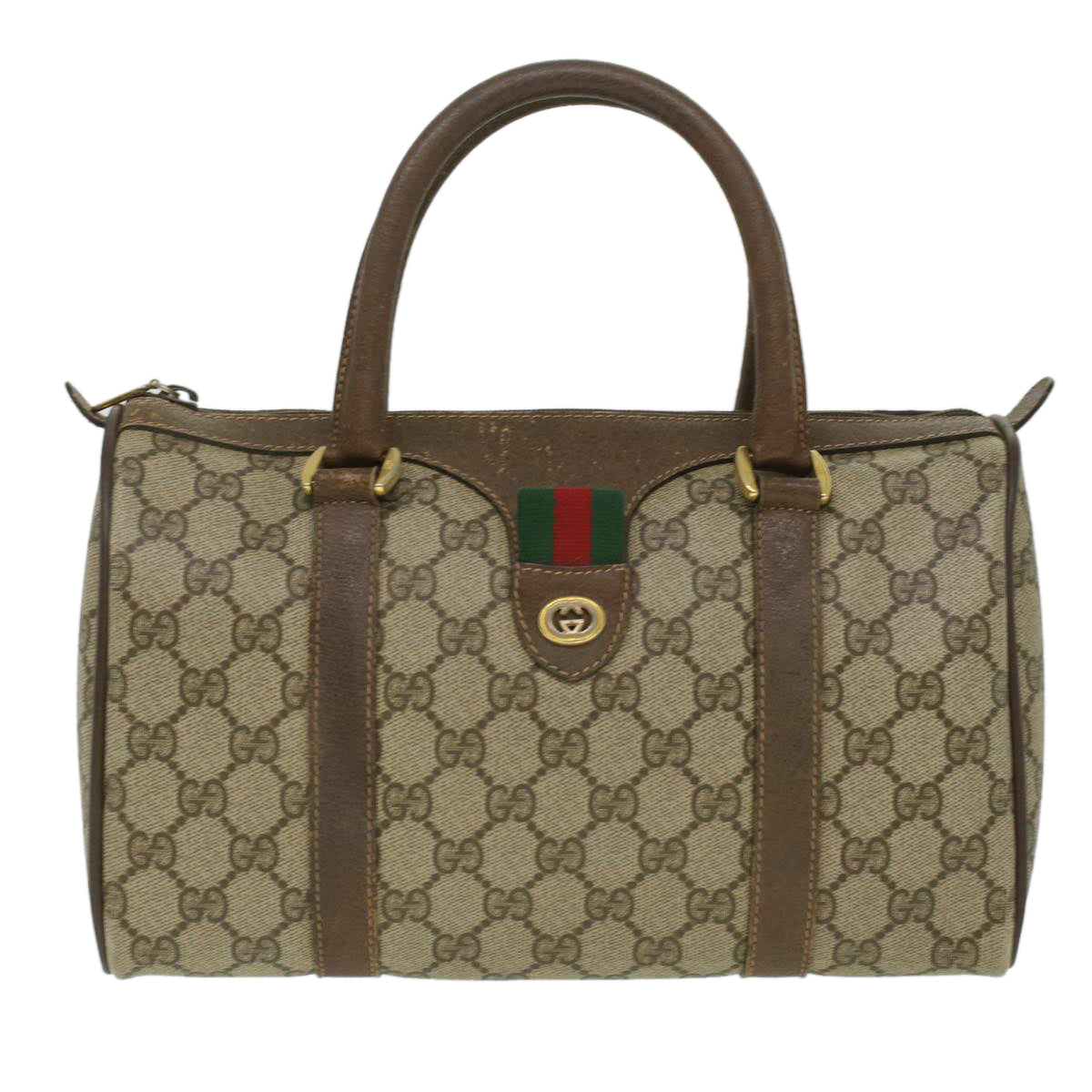 GUCCI Web Sherry Line GG Canvas Boston Bag PVC Leather Beige Green 36638