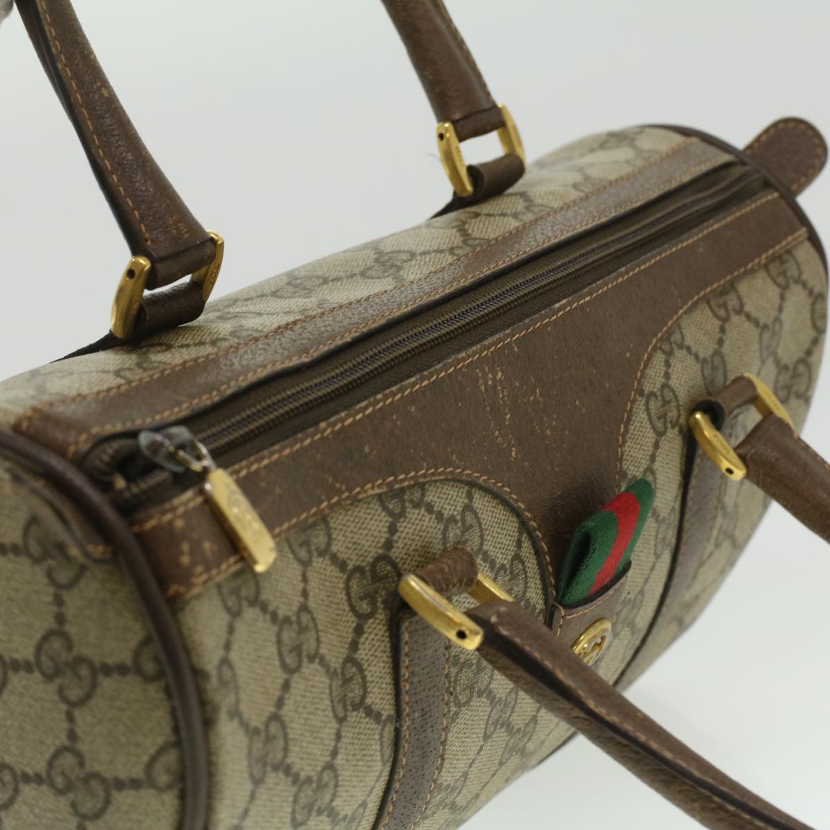GUCCI Web Sherry Line GG Canvas Boston Bag PVC Leather Beige Green 36638