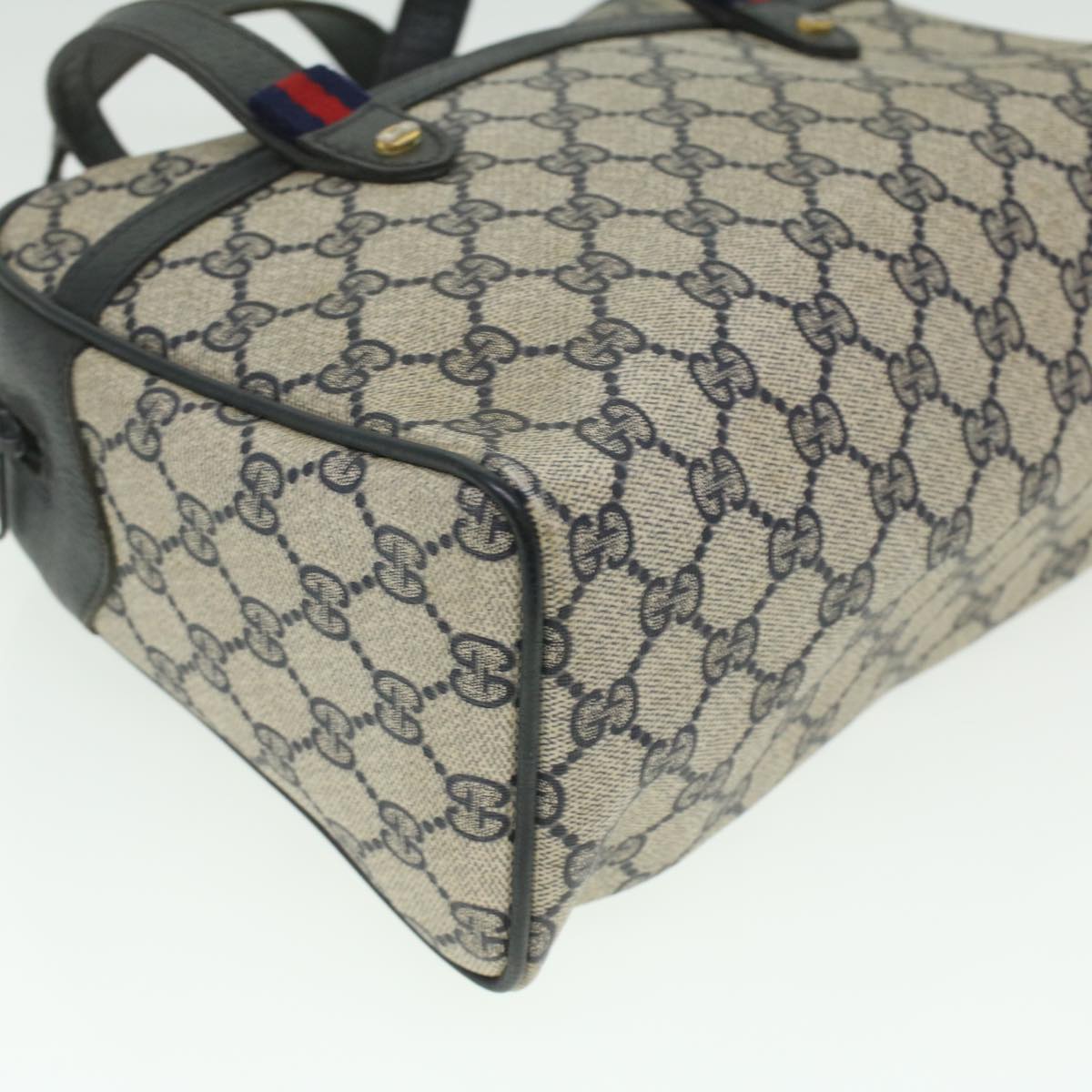 GUCCI Sherry Line GG Canvas Hand Bag PVC Leather Navy Red 36723