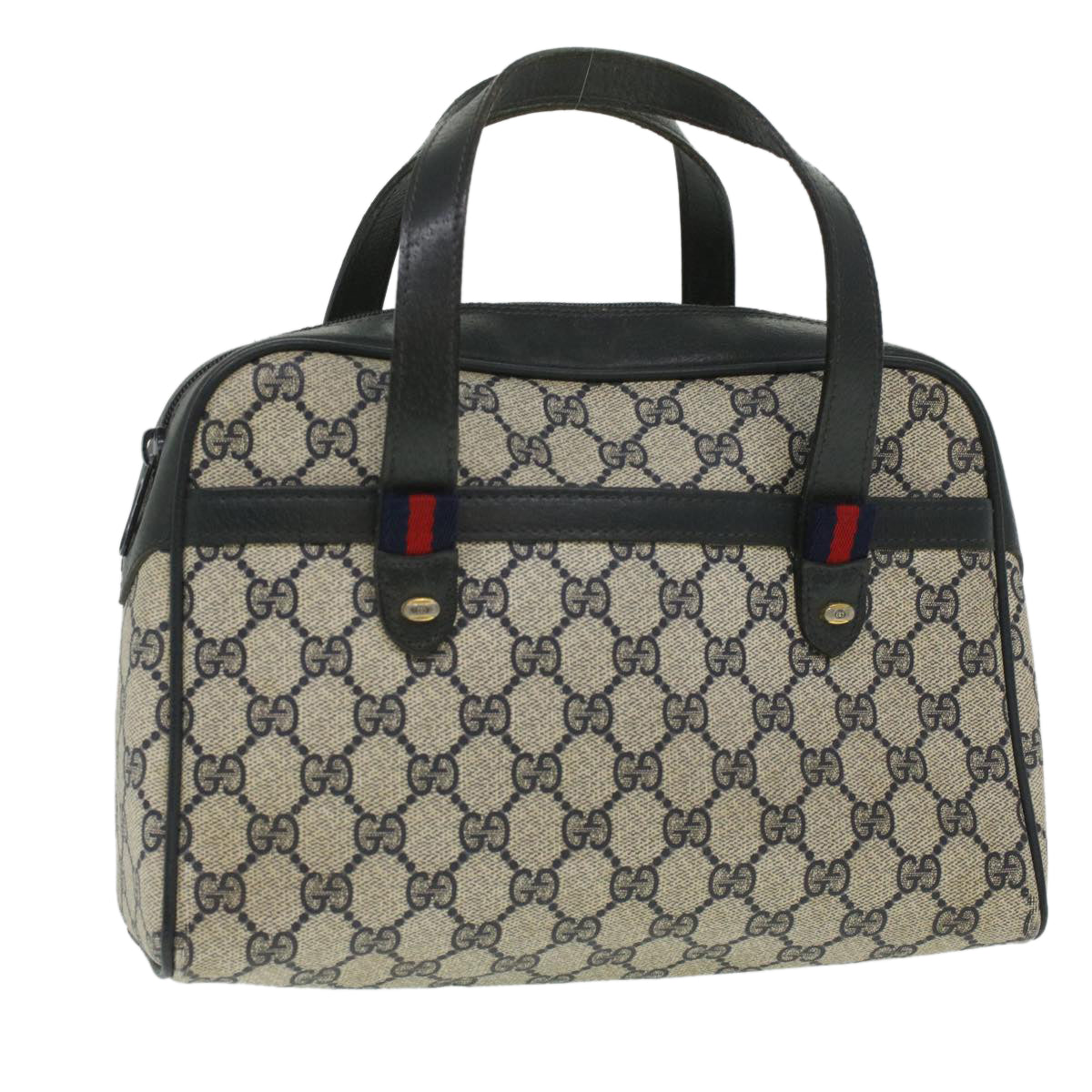 GUCCI Sherry Line GG Canvas Hand Bag PVC Leather Navy Red 36723