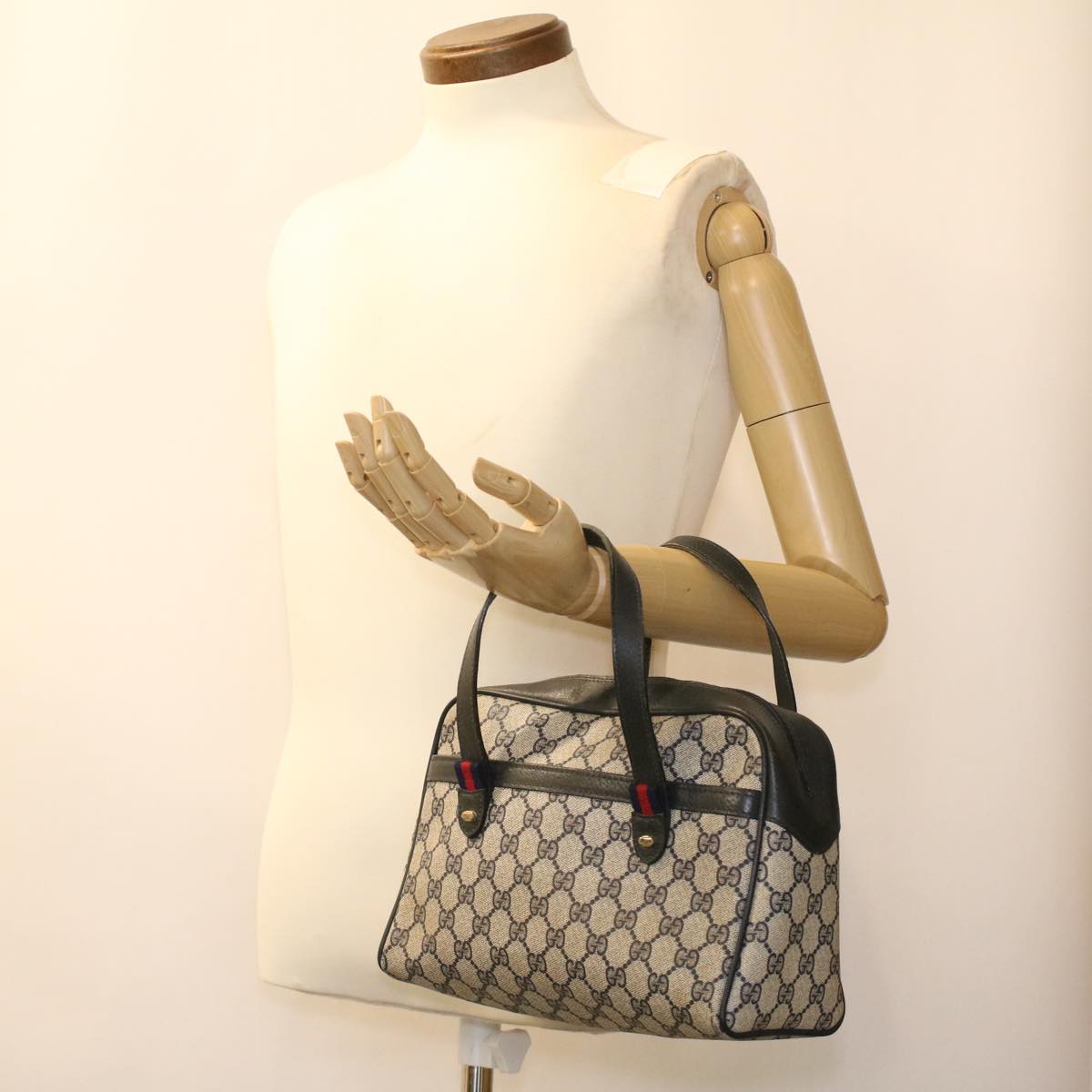 GUCCI Sherry Line GG Canvas Hand Bag PVC Leather Navy Red 36723