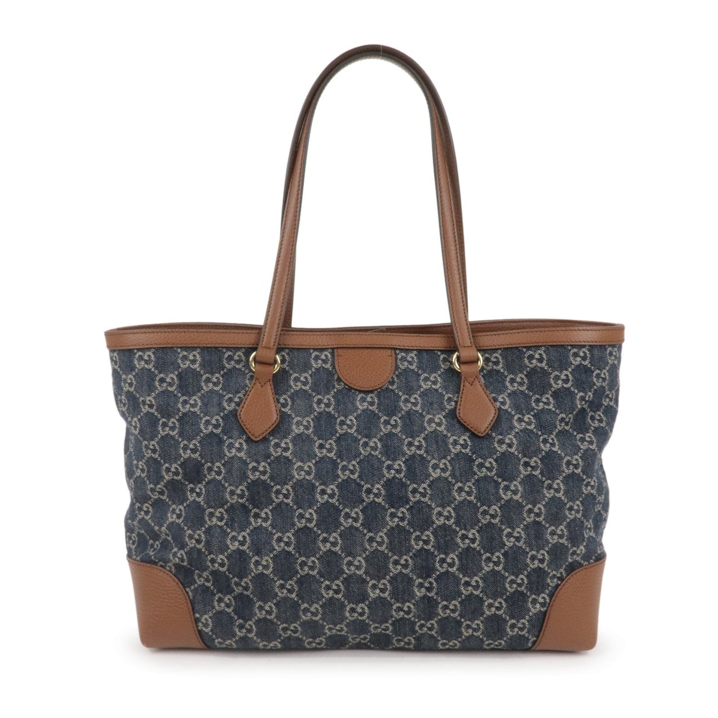 GUCCI GG Denim Leather Tote Bag Denim Blue Brown 631685
