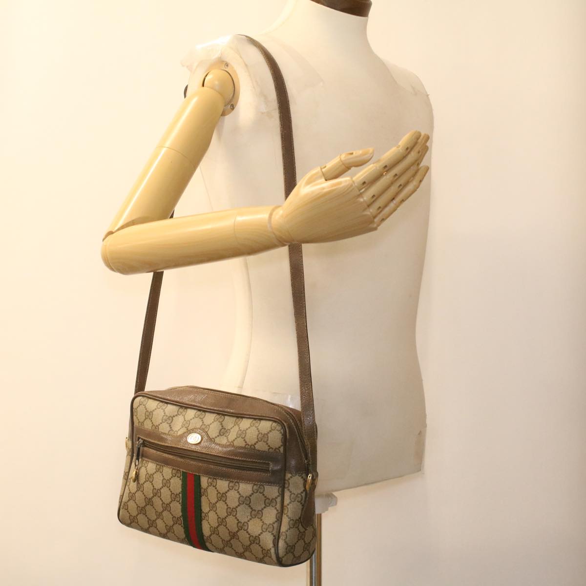 GUCCI GG Canvas Web Sherry Line Shoulder Bag Beige Red Green 37155