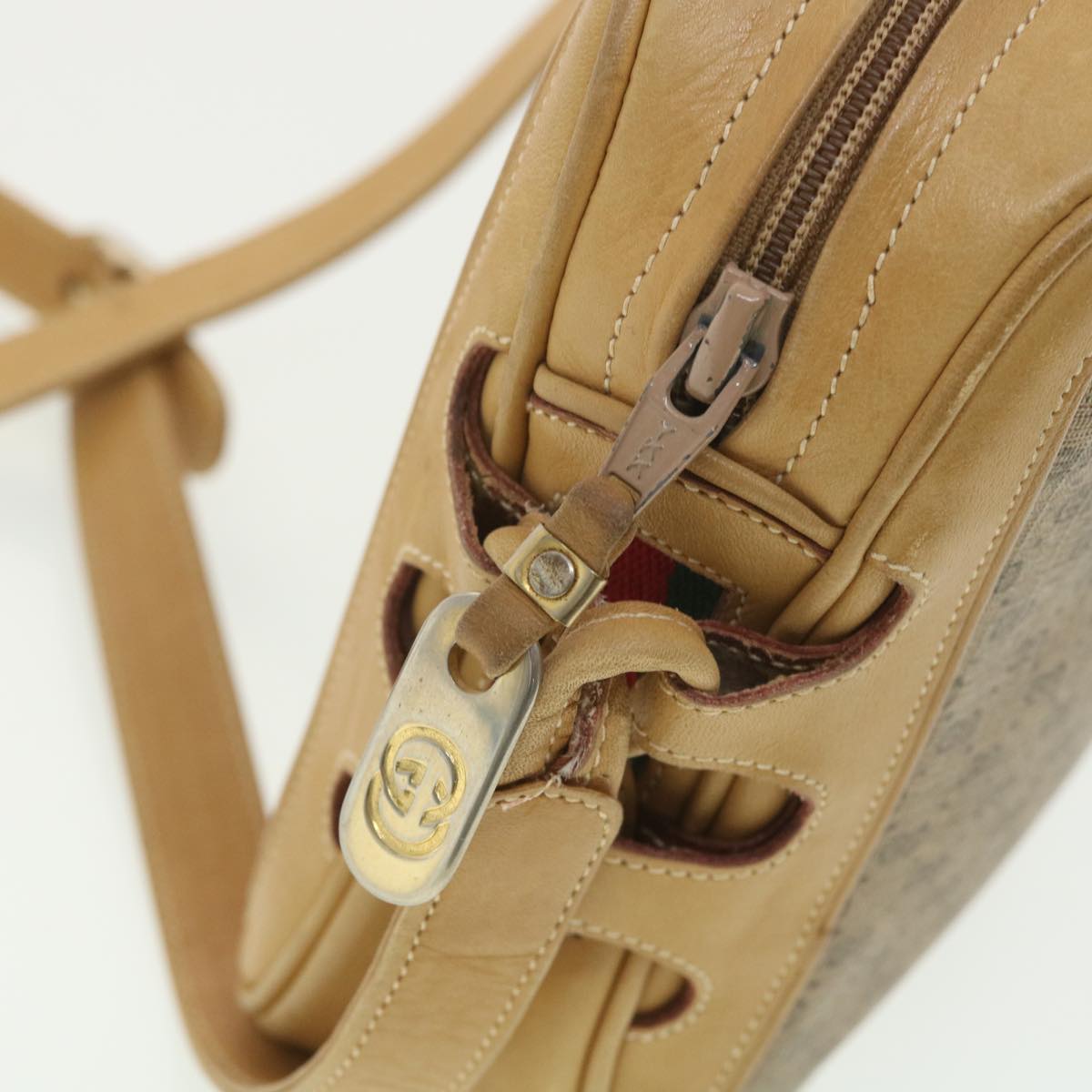 GUCCI Web Sherry Line Micro GG Canvas Shoulder Bag PVC Leather Beige 37409