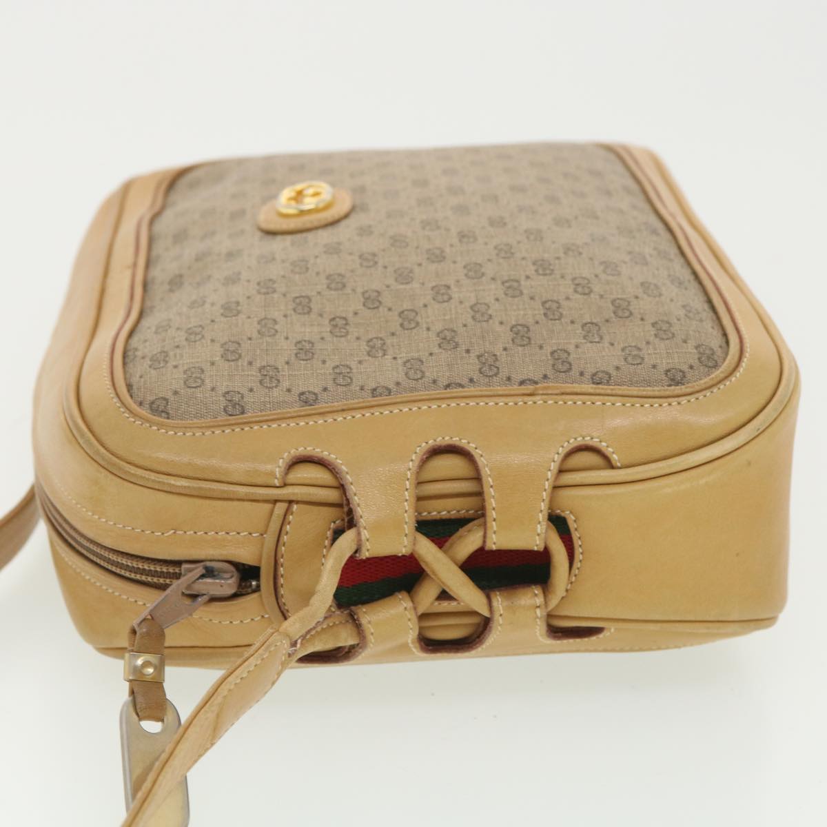 GUCCI Web Sherry Line Micro GG Canvas Shoulder Bag PVC Leather Beige 37409