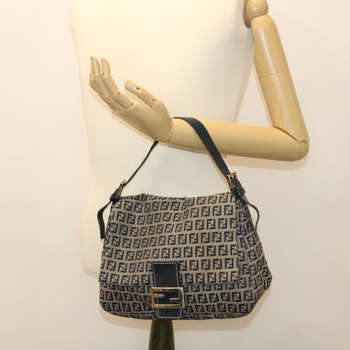 FENDI Zucchino Canvas Mamma Baguette Shoulder Bag Nylon Navy 26325 38903