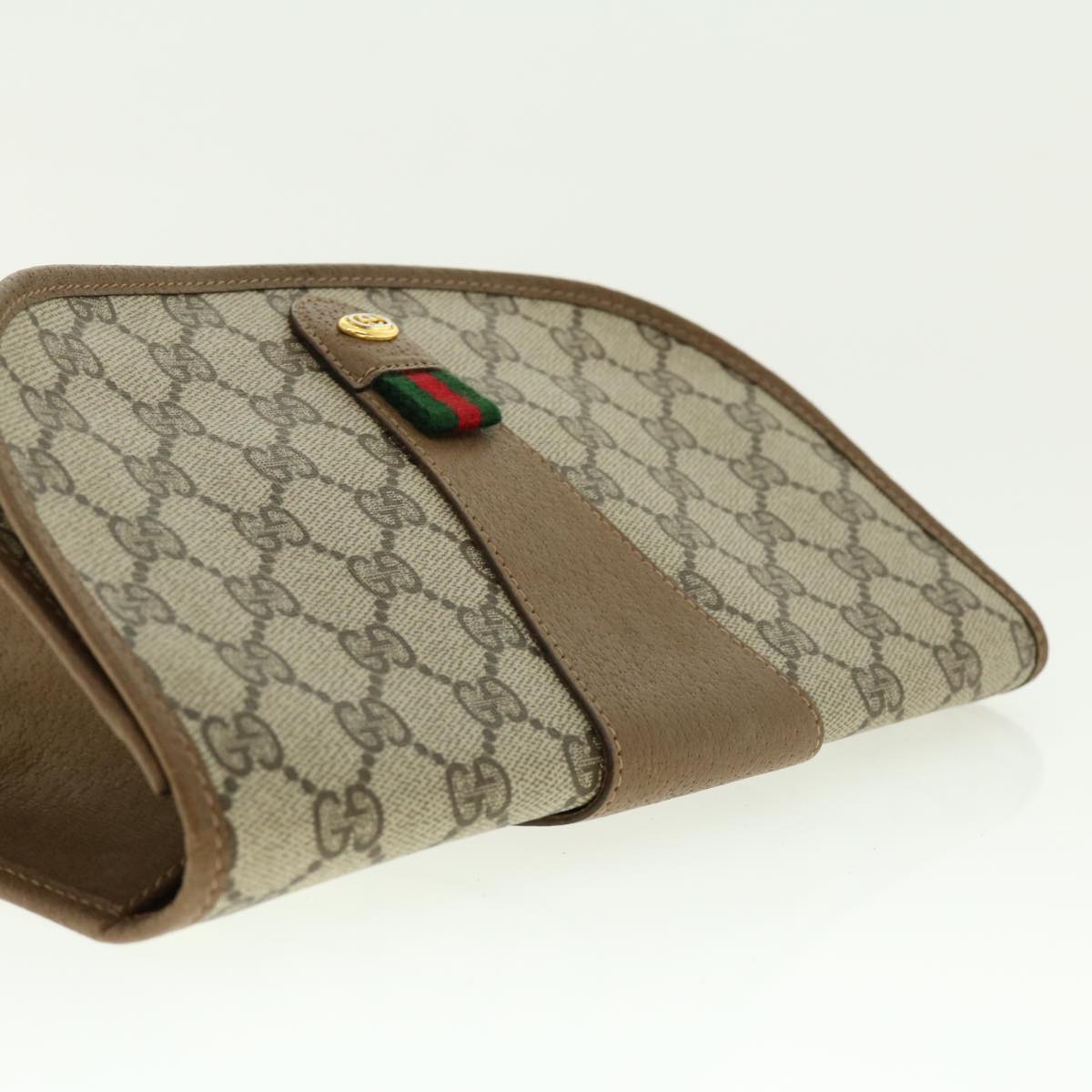 GUCCI Web Sherry Line GG Canvas Clutch Bag PVC Leather Beige Green 39950
