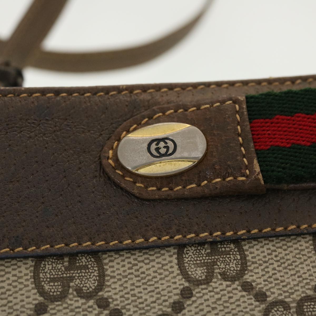 GUCCI Web Sherry Line GG Canvas Shoulder Bag PVC Leather Beige Green 39953