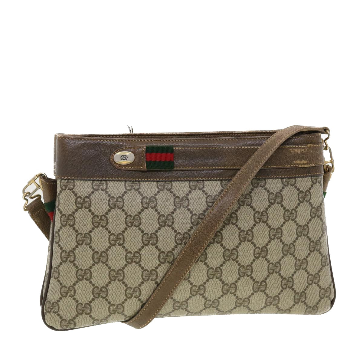 GUCCI Web Sherry Line GG Canvas Shoulder Bag PVC Leather Beige Green 39953