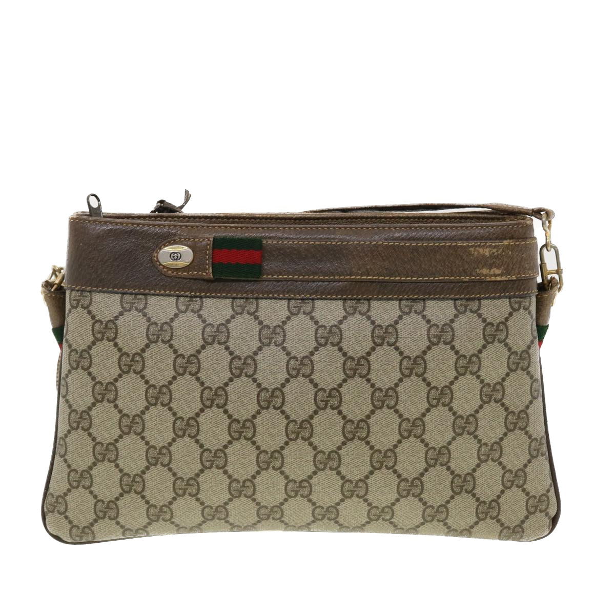 GUCCI Web Sherry Line GG Canvas Shoulder Bag PVC Leather Beige Green 39953